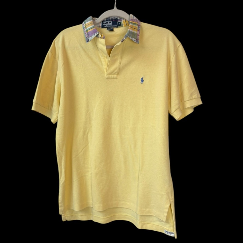 90s‎ Vintage Polo Ralph Lauren Yellow Polo Shirt Collar Madras Plaid Preppy Frat